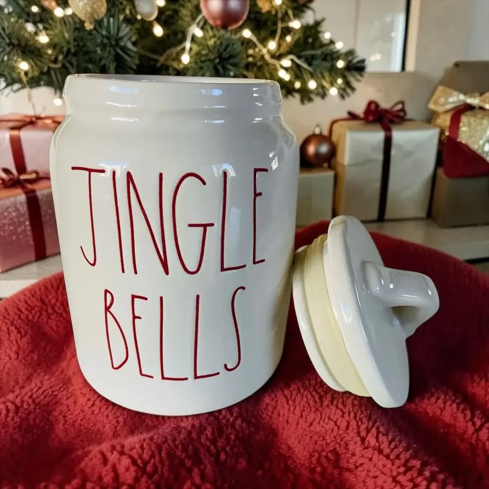 Rae Dunn Ceramic Christmas Jingle Bells Xmas Holiday White & Red Treat Snack Jar